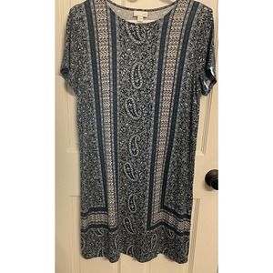 J.Jill Dress Blue White Paisley Size Small Short Sleeves Crewneck Comfort